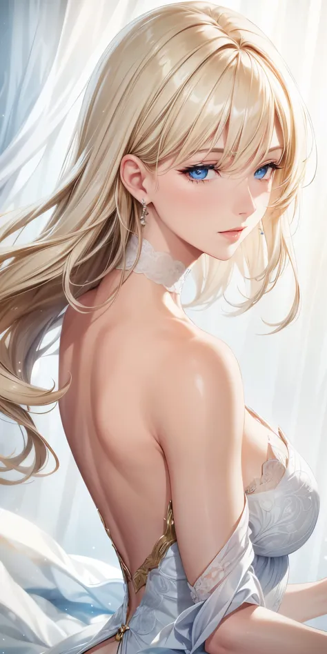 portrait, realistic, elegant mature woman, blue eyes, blonde hair, big breast, 4k resolution, beautiful cg, soft light