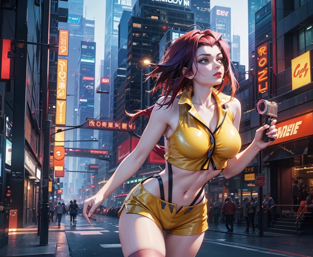 (beste Qualität,4k,8k,highres,Meisterwerk:1.2),ultra-detailliert,(realistisch,photorealistisch,photo-realistisch:1.37),Faye Valentine aus Cowboy Bebop, 1 Mädchen, Ganzkörperbild, lange rote Haare, leuchtend grüne Augen, schöne detaillierte Lippen, stilvolles und kantiges Erscheinungsbild, selbstbewusster und geheimnisvoller Ausdruck, schlanke Figur, trägt ein gelbes bauchfreies Top und blaue Shorts, in einer dynamischen Pose stehen, hält eine futuristische rote Pistole, umgeben von leuchtenden Lichtern und Wolkenkratzern, nächtliches Stadtbild, mit leichtem Nebel in der Luft, die Essenz einer futuristischen Noir-Atmosphäre einfangen, Anime-Stil, lebendige und gesättigte Farben, Warme Farbtemperatur, stilvolle und effektvolle Beleuchtung, wirft lange Schatten auf den Boden, Hervorhebung von Fayes Gesichtszügen und Schaffung von Tiefe in der Szene.