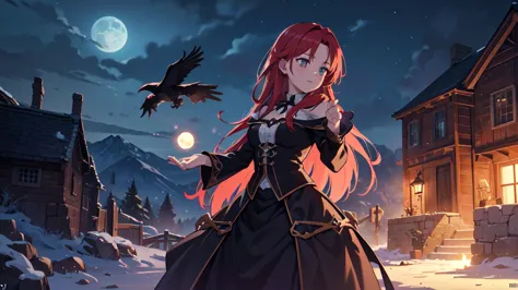 the prompt for stable diffusion generation is as follows:

"witch,rpg,sorceress,magic,red-haired woman,reaching for a crow,night...