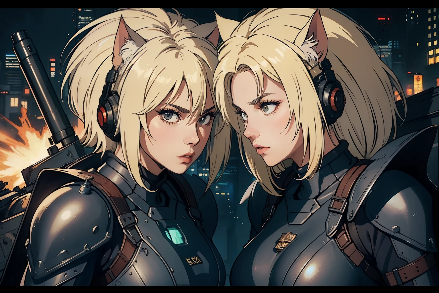 ((highest quality)), ((masterpiece)), (be familiar with), (High definition), 8K, perfect face、2 women、Two blonde women with cat ears、((tankの上に乗っている:1.2))、((Astride the turret))、tall、2 Blonde cat ears、2. Long Hair、2. Volumetric hair style、big breasts、constricted waist、big ass、glamorous、Glamorous、protector、Armor、combat suit、combat boots、armed、Equipped with large firearms、cinematic、best shadow、side lighting、NEO TOKYO、riot、explosion、tank、helicopter、(close up of face)