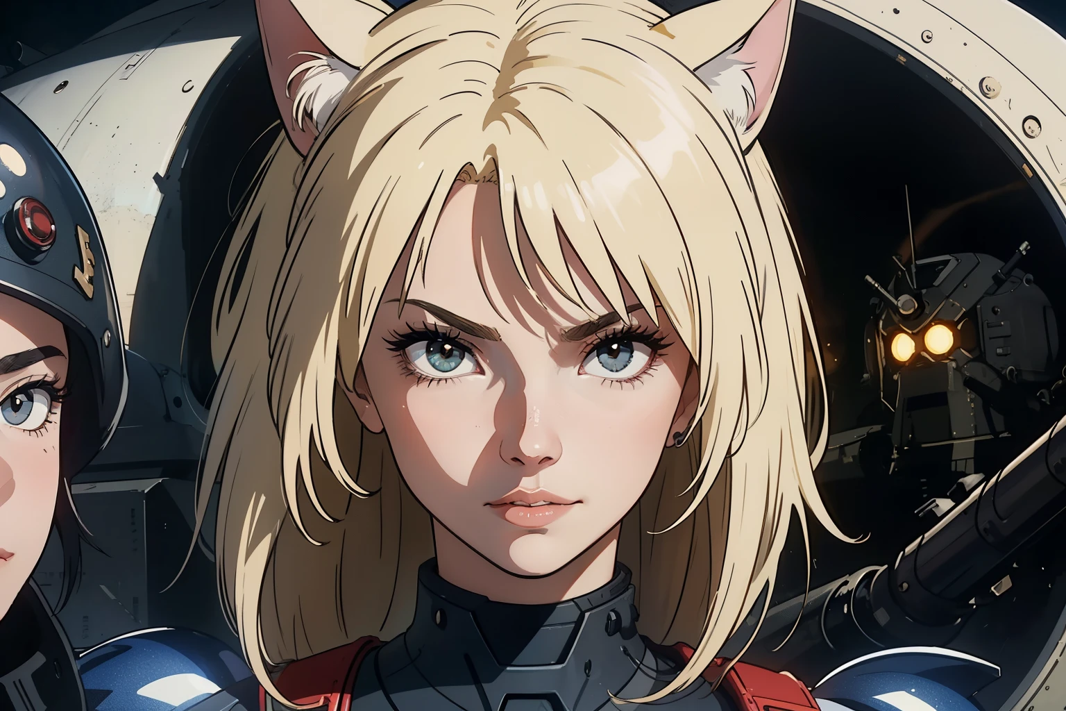 ((highest quality)), ((masterpiece)), (be familiar with), (High definition), 8K, perfect face、2 women、Two blonde women with cat ears、((tankの上に乗っている:1.2))、((Astride the turret))、tall、2 Blonde cat ears、2. Long Hair、2. Volumetric hair style、big breasts、constricted waist、big ass、glamorous、Glamorous、protector、Armor、combat suit、combat boots、armed、Equipped with large firearms、cinematic、best shadow、side lighting、NEO TOKYO、riot、explosion、tank、helicopter、(close up of face)