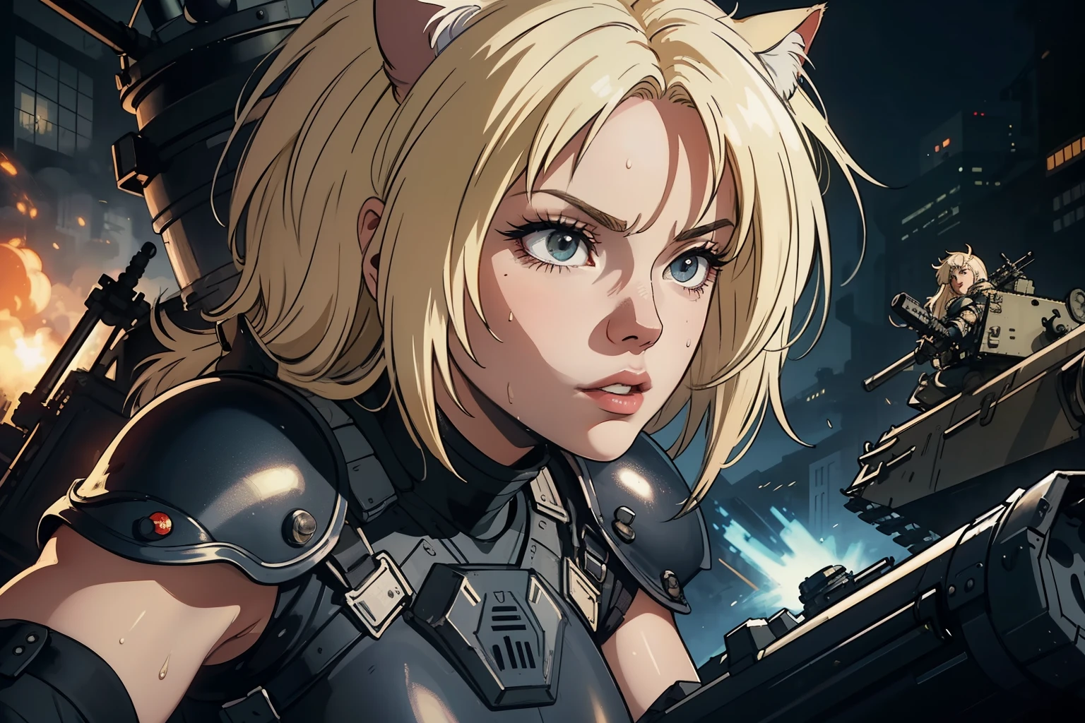 ((highest quality)), ((masterpiece)), (be familiar with), (High definition), 8K, perfect face、2 women、Two blonde women with cat ears、((tankの上に乗っている:1.2))、((Astride the turret))、tall、2 Blonde cat ears、2. Long Hair、2. Volumetric hair style、sweating、big breasts、constricted waist、big ass、glamorous、Glamorous、protector、Armor、combat suit、combat boots、armed、Equipped with large firearms、cinematic、best shadow、side lighting、NEO TOKYO、riot、explosion、tank、helicopter、(close up of face)