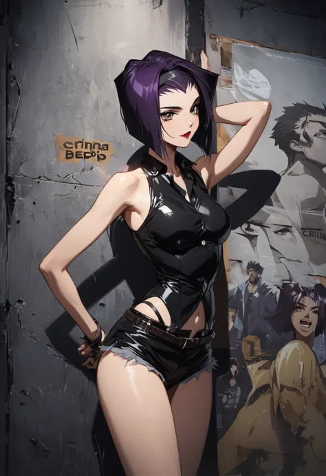 centered image, general shot, ((Cowboy Bebop:1.5, Faye Valentine, Vicious, Criminal Photo:1.6, image of a wall with police heigh...