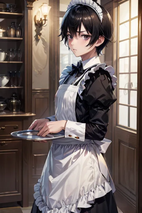 1boy, maid, black hair, black eyes, shy, blush, short hair, carrying tray