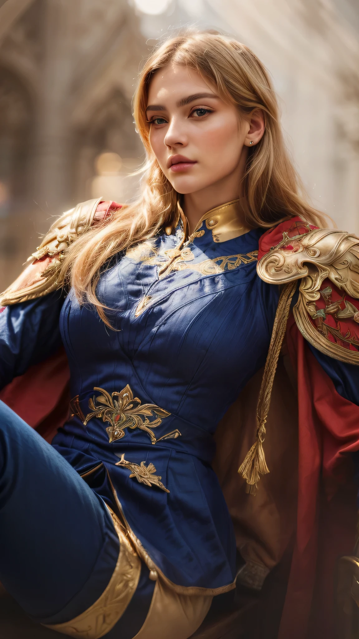 (best quality,4k,highres,masterpiece:1.2),ultra-detailed,realistic:1.37,a close up of a woman in a blue and red outfit,portrait,artgerm,European face,beautiful detailed eyes,beautiful detailed lips,long eyelashes,detailed facial features,gorgeous expression,intense gaze,sharp focus,professional,studio lighting,vivid colors,bokeh,highly detailed armor,ornate helmet,elaborate shoulder armor,elegant blue and red costume,embroidered details,distinctive patterns,flowing fabrics,regal pose,fierce warrior,confident and powerful stature, blonde hair