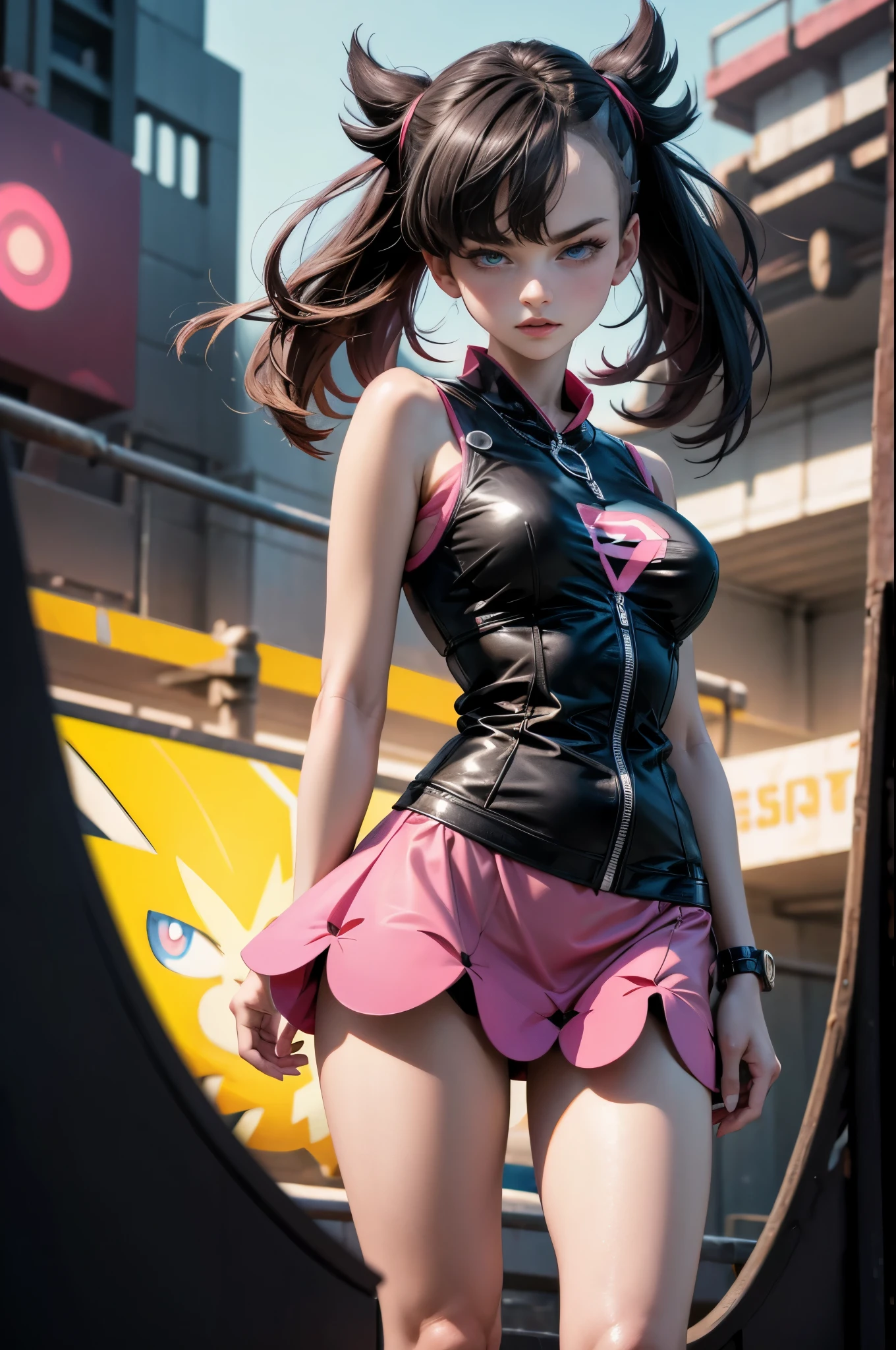((masterpiece, best quality)) Marnie, (pokemon), cutesexyrobutts, in a pink dress and black jacket, single character full body, realistic girl wearing a Pink dress, only head and shoulders, russian woman, adult woman, hyperrealistic, style boobapad, cyberpunk city background, upper body, portrait, breast focus, 1girl, breasts, large breasts, asymmetrical bangs, asymmetrical hair , bangs, huge breasts.
