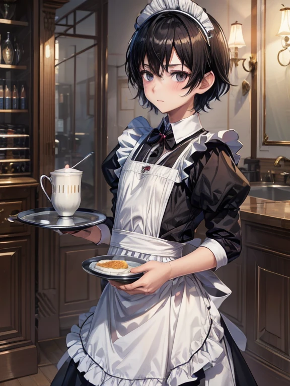 1boy, maid, black hair, black eyes, shy, blush, short hair, carrying tray