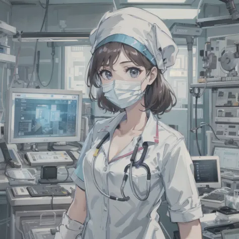 A young female doctor，Wearing a white coat，Wear a medical mask，Wearing a nurse's hat，In the operating room，Holding surgical tool...