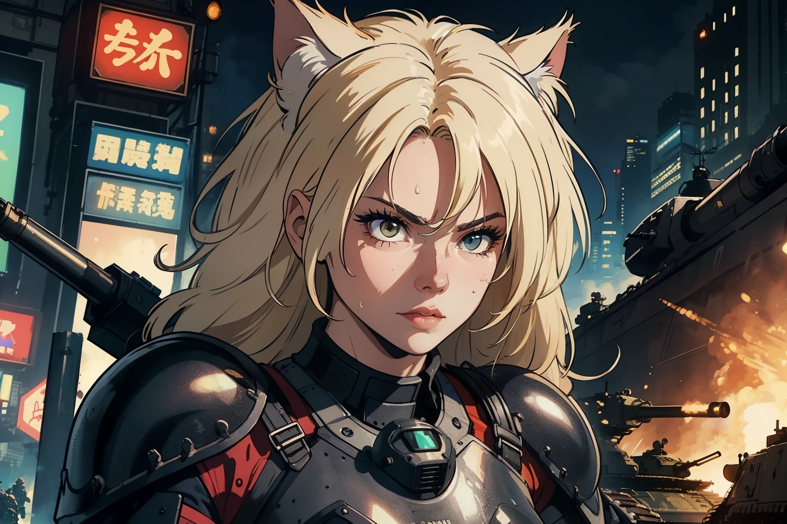 ((highest quality)), ((masterpiece)), (be familiar with), (High definition), 8K, perfect face、2 women、Two blonde women with cat ears、((tankの上に乗っている:1.2))、((Astride the turret))、tall、2 Blonde cat ears、2. Long Hair、2. Volumetric hair style、sweating、big breasts、constricted waist、big ass、glamorous、Glamorous、protector、Armor、combat suit、combat boots、armed、Equipped with large firearms、cinematic、best shadow、side lighting、NEO TOKYO、riot、explosion、tank、helicopter、(close up of face)