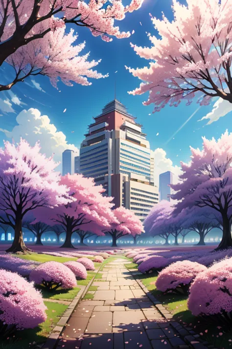 anime city background with cherry blossoms, computer wallpaper size