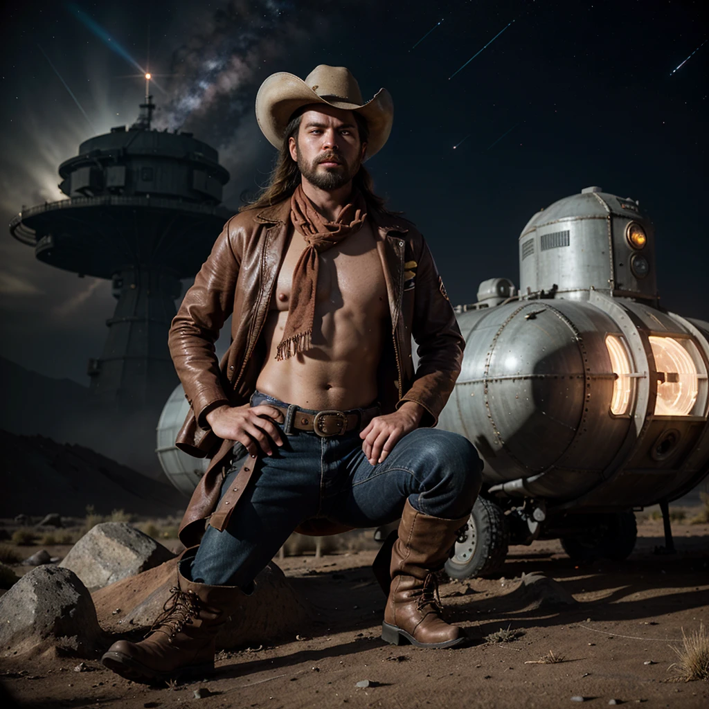 best quality,ultra-detailed,realistic:1.37,cinematic,portrait,detailed cowboy face,long hair,wide-brimmed hat,beard,fierce expression,red neckerchief,leather jacket,dusty environment,spaceship,star-filled sky,retro-futuristic vibe,neon lights,action-packed scene,guns blazing,futuristic technology,jazz music,sci-fi western fusion,vintage film grain,bold colors,dynamic composition,strong shadows,atmospheric lighting,hazy smoke,rough textures,rough terrain,lone cowboy,cool attitude,space adventure,intergalactic bounty hunter,worn-out boots,cowboy boots,old revolver weapon,daring pose,explosions,blurry background,motion blur,windblown hair,serene confidence,bravery,stylish characters,detailed spaceship,exciting chase scene,dark atmosphere,criminal underworld,mystery,dangerous missions