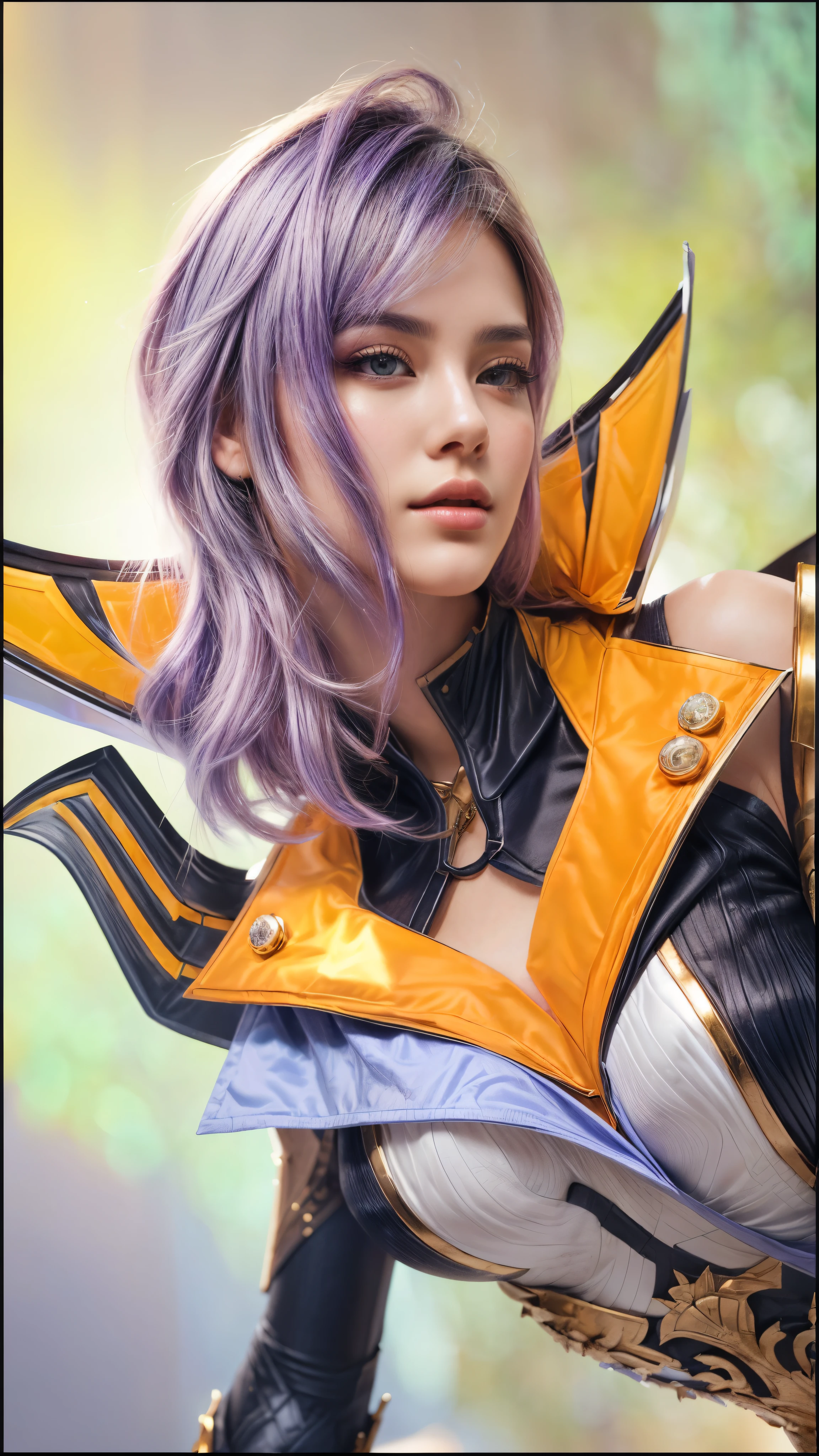 (best quality,4k,highres,ultra-detailed,realistic:1.2),artgerm style,close-up portrait of a woman with vibrant purple hair,exquisite details in the woman's features,gleaming eyes,perfectly contoured lips,purple hair flowing in luscious waves,elaborate artgerm-inspired art style,g liulian art style elements blended in effortlessly,meticulously crafted facial features,expressive eyes with captivating depth,artistic rendering of the woman's face and skin,gently flushed cheeks with a subtle radiance,elegant and confident expression,artfully composed framing highlighting the woman's face,soft,even lighting casting a gentle glow on her skin,a mesmerizing blend of realistic and dreamlike aesthetics,KDA-inspired elements complementing the overall composition,a touch of fantasy and mystique in the atmosphere,a beautiful fusion of artgerm and dreamlike renderings,captivating character with a touch of anime charm,meticulously rendered details capturing the essence of the Knights of the Zodiac girl's character,a stunning portrayal of the woman embodying strength and grace,rich and vivid colors adding depth and vibrancy to the artwork,a masterful creation showcasing the artistry of artgerm and g liulian.