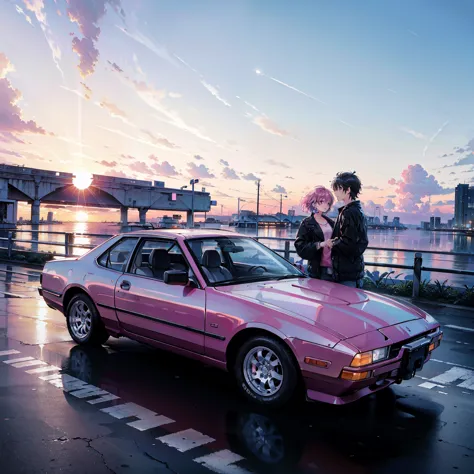 {8K image}, Beautiful Miami landscape at dusk, Horizon Image, people around you、car、plane、Pedestrian, 80s aesthetic in purple an...