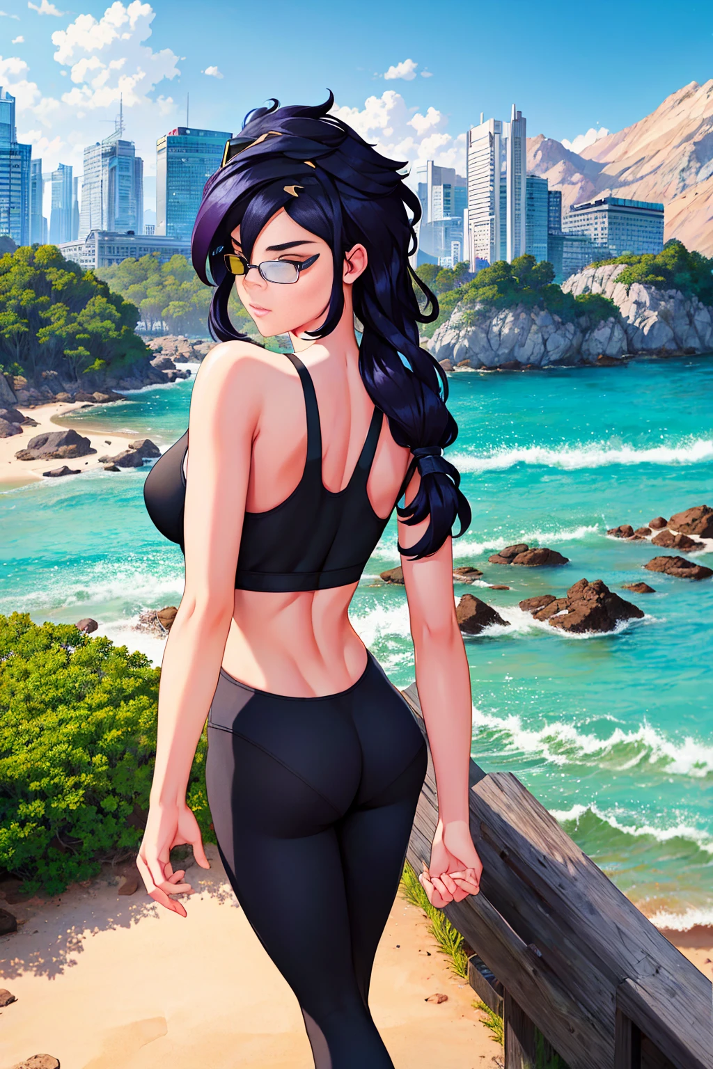 (masterpiece, best quality), high quality, absurdres, highres, ultra detailed, intricate, beautiful woman, 1girl, looking at viewer, from behind, looking back, ass, toned, sports bra, leggings, high-waist pants, yoga pants, black hair, yellow eyes, sunglasses, hair between eyes, eyewear on head, outdoors, science fiction, city, erisa