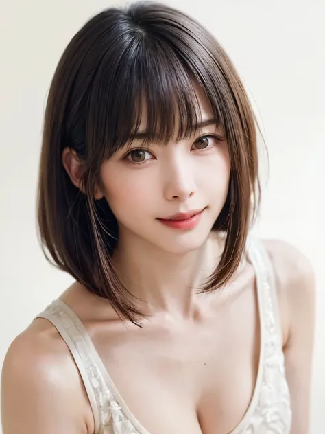 (software:1.8、masterpiece, highest quality),1 girl, alone, have, realistic, realistic, looking at the viewer, light brown eyes, Brunette short bob hair with highly detailed shiny hair, short hair:1.8、Beautiful face in symmetry、Spring Clothes:1.6, Whity, li...