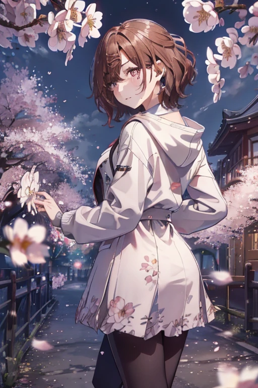 ((highest quality)), ((masterpiece)) (best image quality, masterpiece:1.2), (Ultra-detailed drawing),(from behind:1.4), From above、(face focus:1.4), A kaleidoscope of vibrant flowers and enchanting cherry blossoms々Surrounded by、A girl standing in a breathtaking cityscape。(Walking through the cherry blossom town:1.2),(sky scraper:0.6) ,The starry sky above is illuminated with mystical, colorful lights., create a fantastic atmosphere, break　①Quality：(1 girl:1.3),(perfect hands:1.3),(perfect anatomy:1.3), (masterpiece:1.3),(highest quality:1.3), be familiar with,8k②：High resolution,beautiful be familiar with eyes, cute eyes, Shining eyes, Intricate iris detail, fascinating eye reflection, Highlights that shine on the eyes, Depth and three-dimensionality of pupils, Subtle color changes in the iris, Meticulous eyelash detailing, be familiar with eyes, ③Lighting：The best illumination, Part 4-5: ultra-be familiar with face,be familiar with skin, ⑥Body shape：(slender body shape:1.3), seven heads, small head, ⑦Skin: ⑧Performance：(blush:1.1), think back, Waiting for a kiss, ⑨Style: break 10. theme：Amadoca,(mole under eye:0.8),short hair,bangs,hair clip,black sweater,hood,long sleeve,collared shirt,plaid skirt,gray skirt,(black pantyhose:1.4), thigh band pantyhose,loafers,brown footwear, short hair、bangs、Hair Clip ⑪ Hair: shiny hair, floating hair, short hair, brown hair, mole under eye, mole, hair ornaments, hair clip, break ⑪髪: shiny hair, floating hair, short hair, brown hair, mole under eye, mole, hair ornaments, hair clip, break ⑫Environment： ⑬Configuration： ⑭Costume : earrings,　(Brow wrinkles:1.3)、