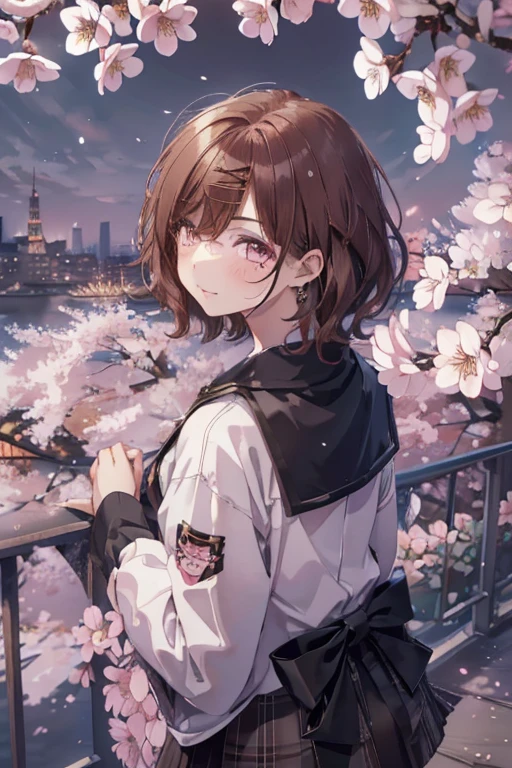 ((highest quality)), ((masterpiece)) (best image quality, masterpiece:1.2), (Ultra-detailed drawing),(from behind:1.4), From above、(face focus:1.4), A kaleidoscope of vibrant flowers and enchanting cherry blossoms々Surrounded by、A girl standing in a breathtaking cityscape。(Walking through the cherry blossom town:1.2),(sky scraper:0.6) ,The starry sky above is illuminated with mystical, colorful lights., create a fantastic atmosphere, break　①Quality：(1 girl:1.3),(perfect hands:1.3),(perfect anatomy:1.3), (masterpiece:1.3),(highest quality:1.3), be familiar with,8k②：High resolution,beautiful be familiar with eyes, cute eyes, Shining eyes, Intricate iris detail, fascinating eye reflection, Highlights that shine on the eyes, Depth and three-dimensionality of pupils, Subtle color changes in the iris, Meticulous eyelash detailing, be familiar with eyes, ③Lighting：The best illumination, Part 4-5: ultra-be familiar with face,be familiar with skin, ⑥Body shape：(slender body shape:1.3), seven heads, small head, ⑦Skin: ⑧Performance：(blush:1.1), think back, Waiting for a kiss, ⑨Style: break 10. theme：Amadoca,(mole under eye:0.8),short hair,bangs,hair clip,black sweater,hood,long sleeve,collared shirt,plaid skirt,gray skirt,(black pantyhose:1.4), thigh band pantyhose,loafers,brown footwear, short hair、bangs、Hair Clip ⑪ Hair: shiny hair, floating hair, short hair, brown hair, mole under eye, mole, hair ornaments, hair clip, break ⑪髪: shiny hair, floating hair, short hair, brown hair, mole under eye, mole, hair ornaments, hair clip, break ⑫Environment： ⑬Configuration： ⑭Costume : earrings,　(Brow wrinkles:1.3)、
