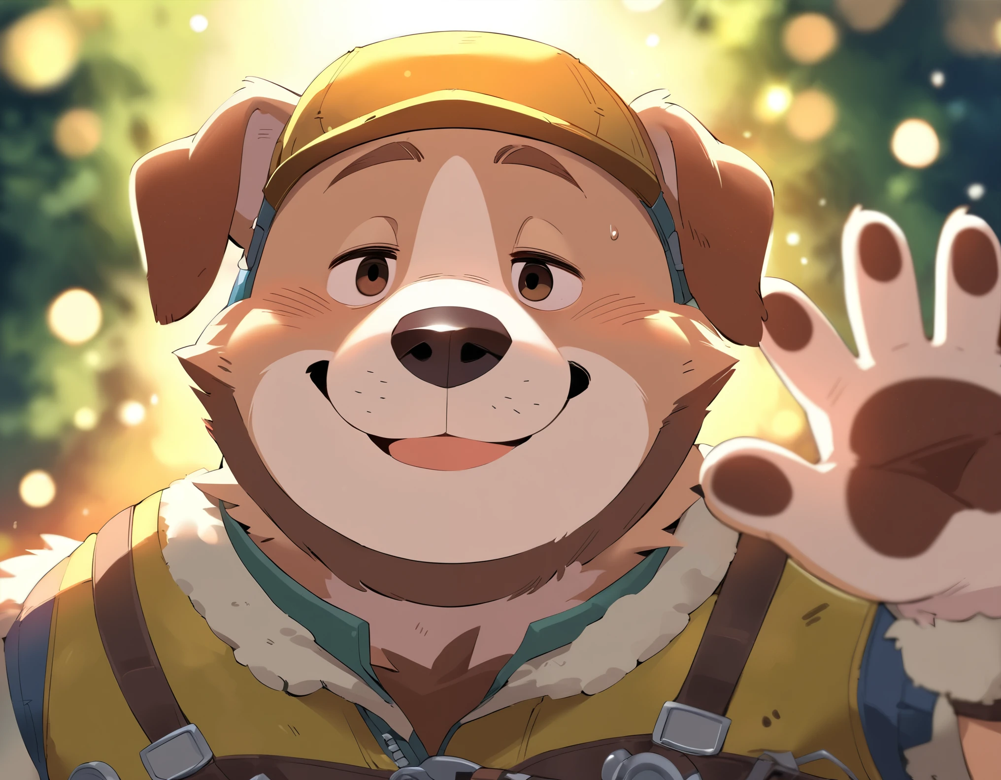 anthro, kemono, male, solo, ((round face, very plump face, thick beard)), ((endomorph body type, old-aged)), ((adventure costume:1.5)), ((domestic dog, dog) fluffy fur, fluffy), (at lawn hills), (evening), ((say goodbye to viewer, waving his hand to viewer)), (particle lighting:0.4), bokeh, (high quality, highres, masterpiece), (dynamic lighting, vivid color), (closed eyes, generous smile, lift-eyebrow), memorable wholesome scene, close up, cartoon, (upperbody, face focus)