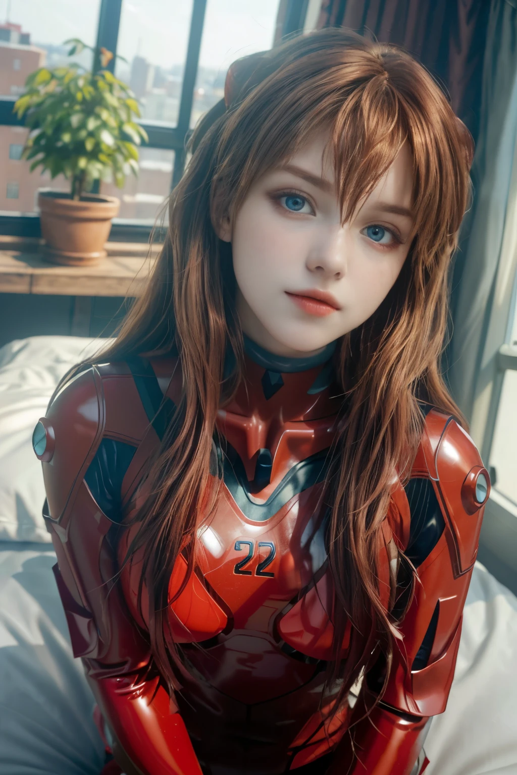 4K, 8K, (Masterpiece, best quality:1.2), blue eyes, perfect face, cosplay, professional photo, photo, photorealism, modelshoot style, portrait of shirogane, red plugsuit, feminine, bedroom, bed, sheets, window, plants, upper body, face shot