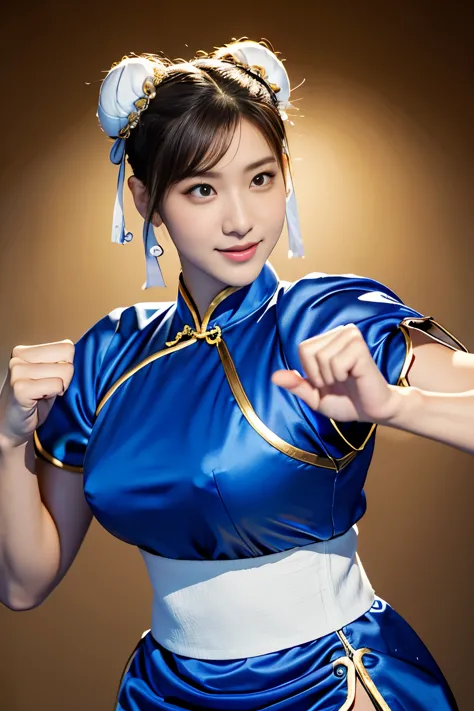 Chun-Li from Street Fight II,perfect chun li costume,blue cheongsam with gold lines,Bun head,Good cover,fighting pose,ハイkick,kick、raise your legs,masterpiece、1 beautiful girl、fine eyes、puffy eyes、highest quality, 超High resolution, (reality: 1.4), movie lig...