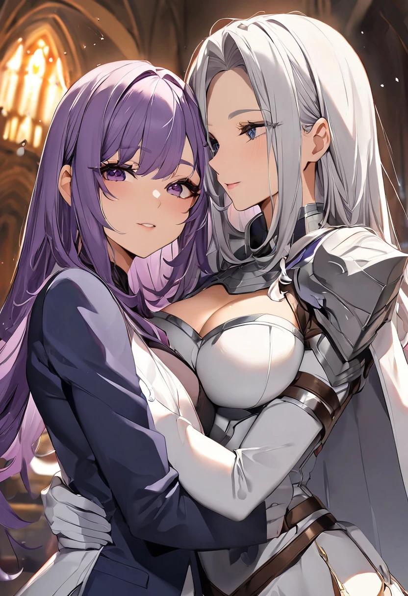 NSFW, masterpiece、highest quality、ultra high resolution、maximum resolution、very detailed、professional lighting、anime、adult woman、thin、so beautiful、beautiful face、armored dress、two women、Silver-haired woman in blue armor、Purple haired woman in white armor、Two people kissing、church、(((Only women in the image)))