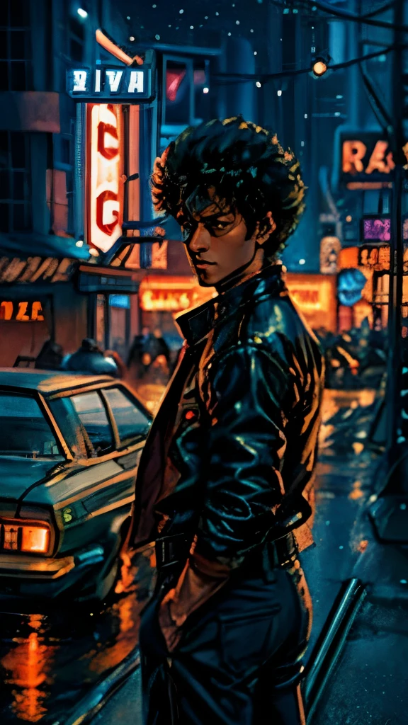 ภาพวาดสีน้ำมันที่สร้างขึ้นอย่างพิถีพิถันของ Spike Spiegel จาก Cowboy Bebop ปรากฏต่อหน้าผู้ชม, โดดเด่นด้วยสีสันที่สดใสและรายละเอียดที่ละเอียดเป็นพิเศษ. ผลงานชิ้นเอกนี้นำเสนอ Spike ในท่าทางที่เต็มไปด้วยแอ็คชั่น, กำมันเงา, อาวุธแห่งอนาคตที่มีความแม่นยำและความมุ่งมั่น. ถูกจับได้ในช่วงเวลาแห่งการเพ่งสมาธิอันเข้มข้น, เสน่ห์ทางสายตาของ Spike แผ่กระจายออกมาจากผืนผ้าใบ.

ภูมิทัศน์เมืองที่พลุกพล่านเป็นฉากหลังเป็นข้อพิสูจน์ถึงทักษะของจิตรกร, ขณะที่แสงไฟนีออนและรถบินได้ส่องสว่างยามค่ำคืนด้วยกลิ่นอายไซไฟ. บรรยากาศจะดูมีชีวิตชีวายิ่งขึ้นด้วยการใช้สีที่ตัดกัน