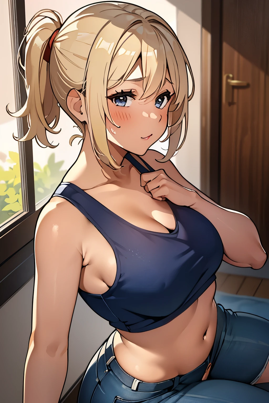 Mature Japanese Woman、short hair、ponytail、(((bright blonde:1.2)))、(((gal)))、Blonde gal、tanned skin、(((big breasts:1.1)))、sexly、Red cheeks、(((nsfw)))、big breastsが見える、Cleavage is separated、(((masturbation)))、(((sex)))、sweaty、(((Pussy)))、(((pubic hair)))、(((Tank top&jeans)))、love hotel、40 years old、mature woman、Married woman、wedding ring、(((Point your ass towards the screen)))