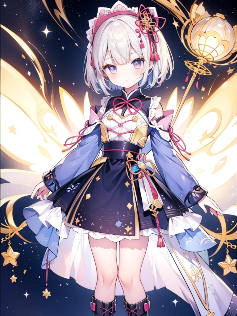 1個女孩、vtuber 全身、8K、星星 Fairy、傑作、官方藝術、超詳細、超漂亮、かわいい星星 Fairy、白色直短髮、銀河系、宇宙、明星魅力、星星、娃娃臉、及膝靴、日系图案连衣裙、浴衣をリメイクした黒と紺色の宇宙を思わせる花魁フリルドレス、宇宙を思わせる花魁フリルドレス、花魁