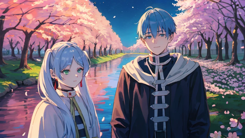 ((highest quality, super detailed girl and boy:1.3))BREAK,(girl is White hair,green eyes,shining eyes, absurdly long long twin tail:1.3),BREAK,(boy is Blue hair,boy is short hair:1.4),BREAK,(boy and girl walking side by side:1.3),(landscape photography:1.2), (highly detailed background:1.2),(cherry blossoms, cherry blossom,standing, midnight, moon:1.3),(total1 girl,total 1 boy,duo:1.3),from above,girl is expressionless, boy is smile