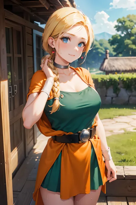 from above, face focus, dqBianca, huge breasts, impossible clothes, (single braid, earrings, choker, orange cape, green dress, b...