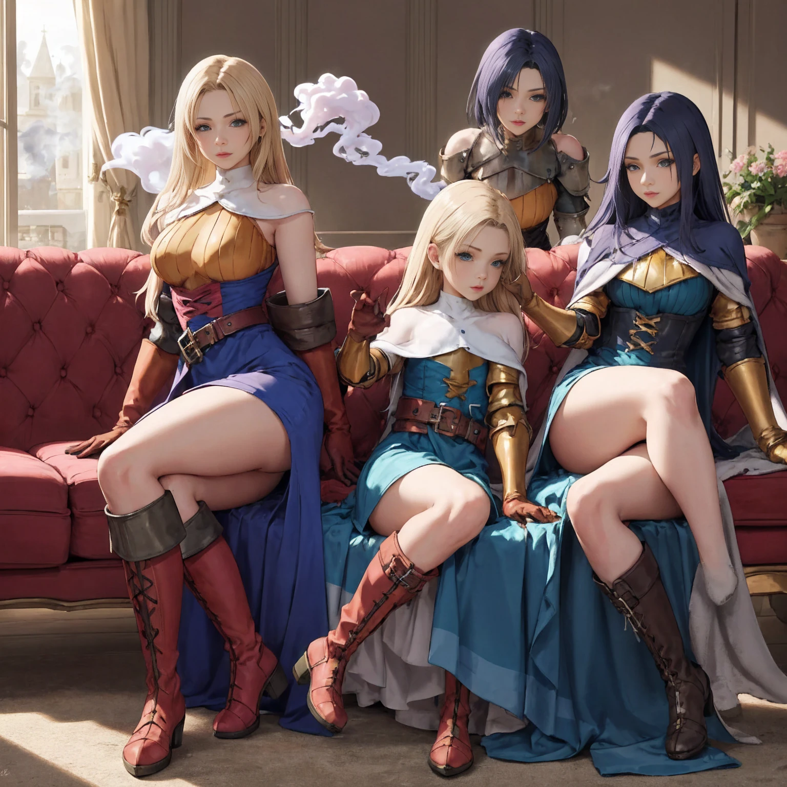 shadow clone, clone, ((pink smoke)), hand on hips, 5girls (Female Knight (Final Fantasy Tactics)) 1girl, indoor, sofa, pillows, buildings full body (2legs, 2arms each female), long blonde hair, blue dress big belt knight outfit clothes Female Knight (Final Fantasy Tactics) (KnightFFT, long hair, blonde hair, blue eyes, cape, armor, blue dress, belt, gloves, boots,) Female Knight (Final Fantasy Tactics sits on sofa, dark blue hair, high leather boots