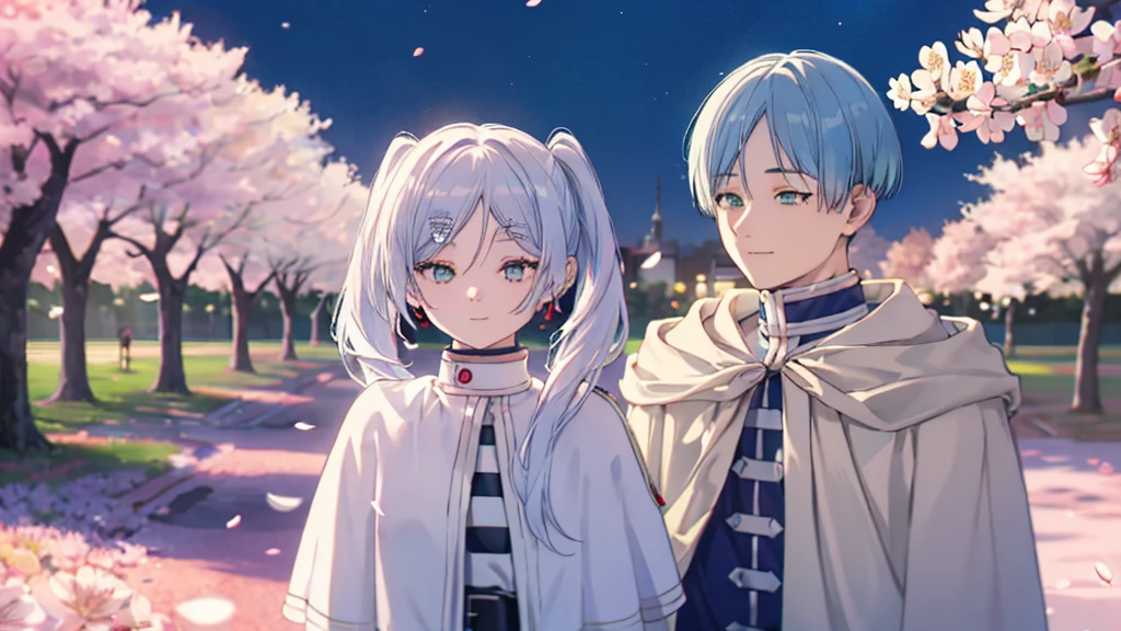 ((highest quality, super detailed girl and boy:1.4))BREAK,(girl is White hair,green eyes,shining eyes,((absurdly long twin tail)):1.3),BREAK,(boy is Blue hair,boy is short hair:1.3),BREAK,(boy and girl walking side by side:1.4),(landscape photography:1.2), (highly detailed background:1.2),(cherry blossoms, cherry blossom,standing, midnight, moon:1.3),(total1 girl,total 1 boy,duo:1.3),from above,girl is expressionless, boy is smile