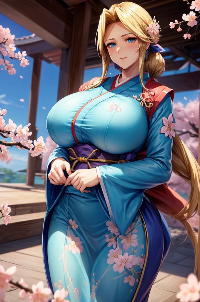 ((woman,(huge breasts:1.8), very red lips,Emphasis on huge breasts,BIG ASS,thin waist,long legs,Are standing,greenish blue eyes)) 8k(((((anime style face,(Anime style face is well drawn) (1 girl:1.2), alone, Hime cut,Traditional Japanese Clothing, Gentle smile Japanese costume,kimono,european style costume,Tight fitting clothes,Clothes that fit tightly to the body,Clothes that show off your body lines, Clear body lines,Tight-fitting clothing,Clothes that show off your bust,Tight-fitting clothing that shows off your bust line, BREAK,BREAK顔,handsome face,A dashing face,There are cherry blossoms,The wind is blowing