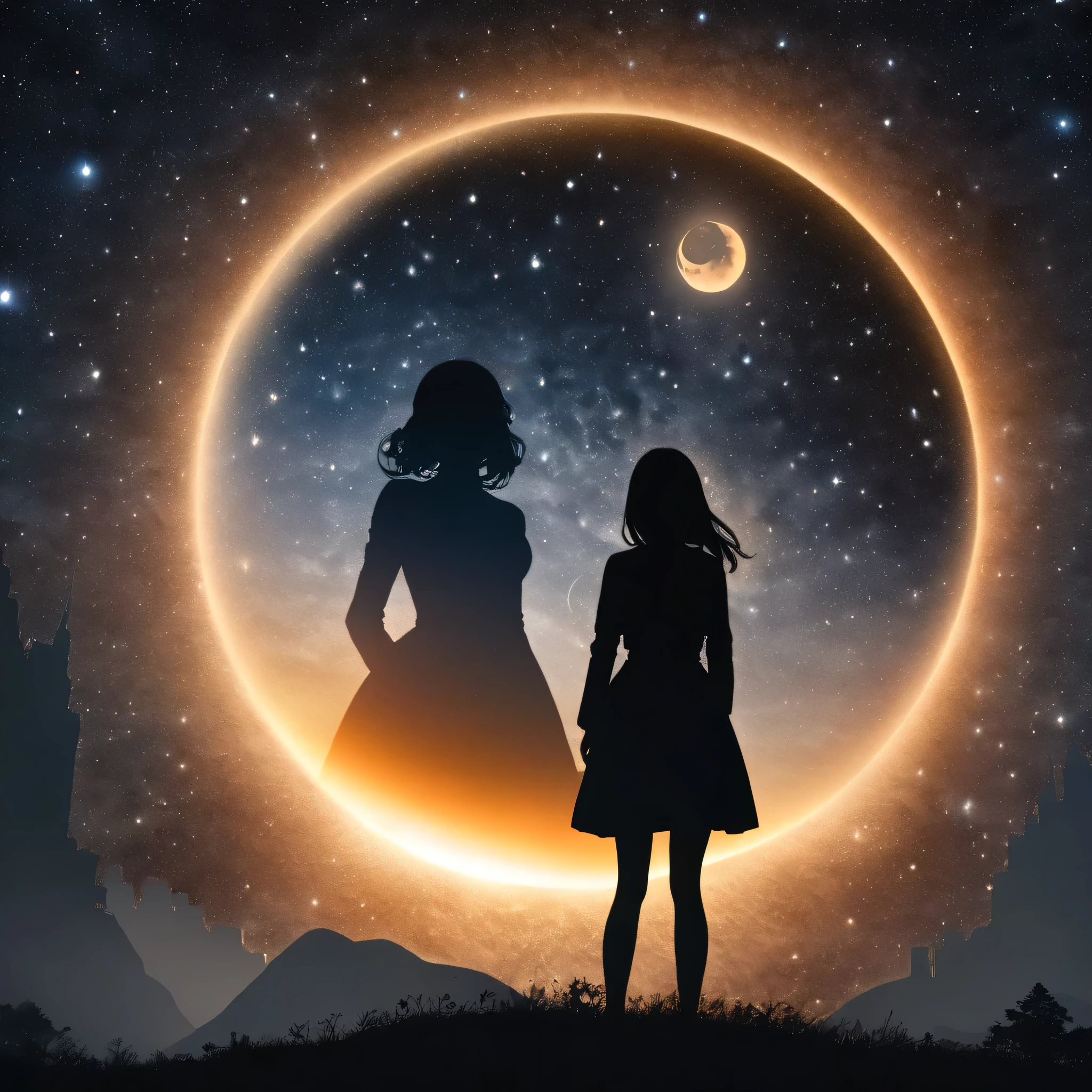 [sun:moon:20] = [sun:moon:1],
(double exposure silhouette:1.4),
hyperrealistic, extremely detailed 8k CG,
extremely detailed background,(starry photo scenery ),