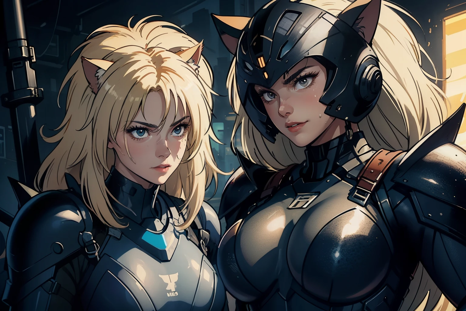 ((highest quality)), ((masterpiece)), (be familiar with), (High definition), 8K, perfect face、2 women、Two blonde women with cat ears、((Wearing a powered suit:1.2))、tall、2 Blonde cat ears、2. Long Hair、2. Volumetric hair style、Fearless smile、sweating、big breasts、constricted waist、big ass、glamorous、Glamorous、protector、Armor、combat suit、combat boots、armed、Equipped with large firearms、cinematic、best shadow、side lighting、NEO TOKYO、riot、explosion、tank、helicopter、(close up of face)