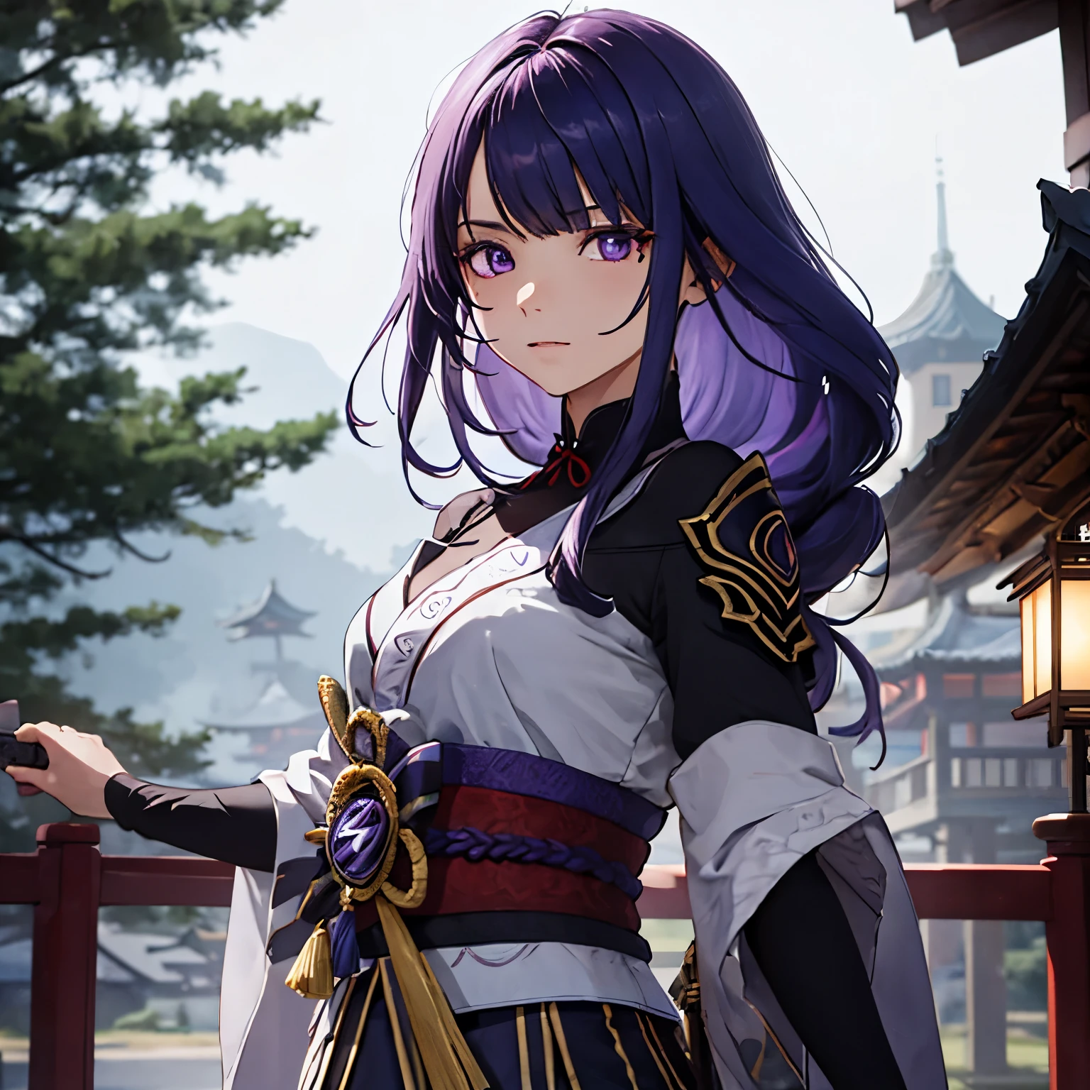 Genshin,thunder電将軍,finely,8K,solo、purple hair,Glowing purple eyes(1:1),Japanese Castle,thunder,Fight fiercely with a Japanese sword,fantasy