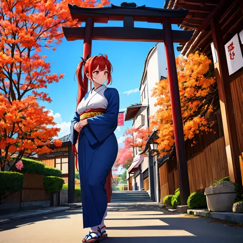 a woman wearing a baby blue kimono, with legs exposed, large breasts, red hair, navy pigtails, orange eyes, in a traditional jap...