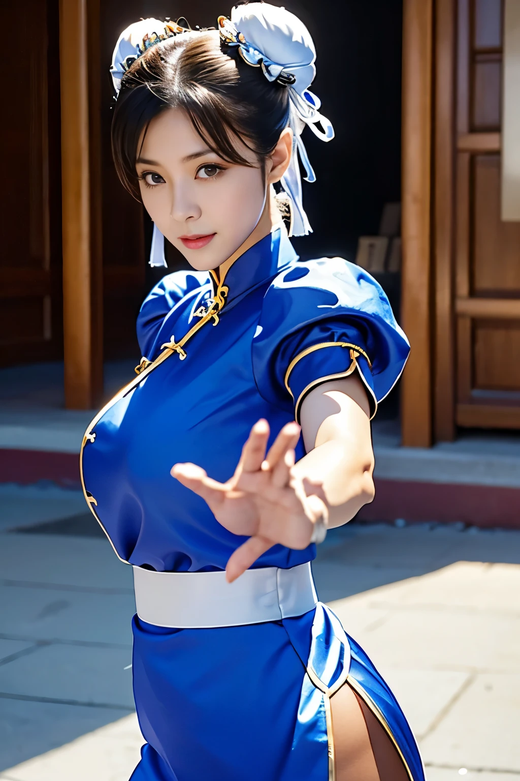 Chun-Li de Street Fight II,costume parfait de Chun Li,Cheongsam bleu avec lignes dorées,Tête de chignon,Bonne couverture,pose de combat,ハイCOUP,COUP、lève tes jambes,chef-d&#39;œuvre、1 belle fille、Beaux yeux、yeux gonflés、la plus haute qualité, 超Haute résolution, (réalité: 1.4), éclairage de cinéma、super belle、Belle peau、le corps se tourne vers l&#39;avant、(超réalité的な)、(Haute résolution)、(8k)、(Très détaillé)、(美しくBeaux yeux)、(Super détaillé)、 (mur-)、visage détaillé、éclairage lumineux、éclairage professionnel、regarder le spectateur、Regardez droit devant、pièce maîtresse inclinée, la plus haute qualité, chef-d&#39;œuvre, la plus haute qualité, visage parfait, yeux marron parfaits avec sclère blanche, Mauvais coup - 5, seul, 1 fille, haut du corps, cheveux bruns, À partir de SF2, service chinois, sourire, femme musclée, Vêtements bleus, collants, rideau pelvien, Manches courtes dodues, Bonne couverture, Ceinture, évaluation:sécurité