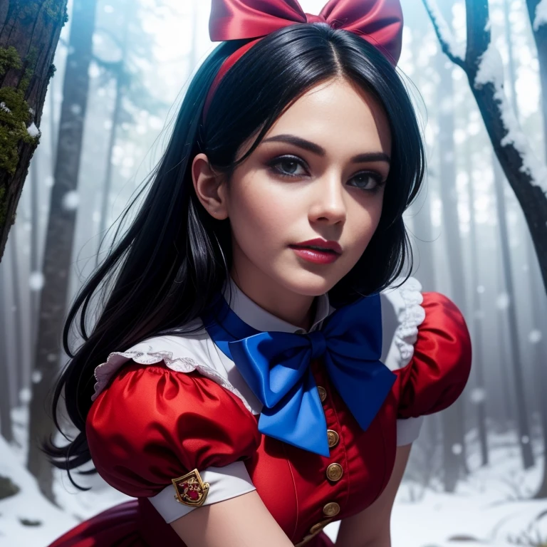 Masterpiece, best quality, detailed face, Snow White, long blue dress with white collar, blue and puffy sleeves with red slashing, yellow skirt, laced petticoat, high-heeled shoes with a bow-like ribbon on each of them, red ribbon on her hair, black hair, looking at viewer, sexy smirk, in a forest, close up