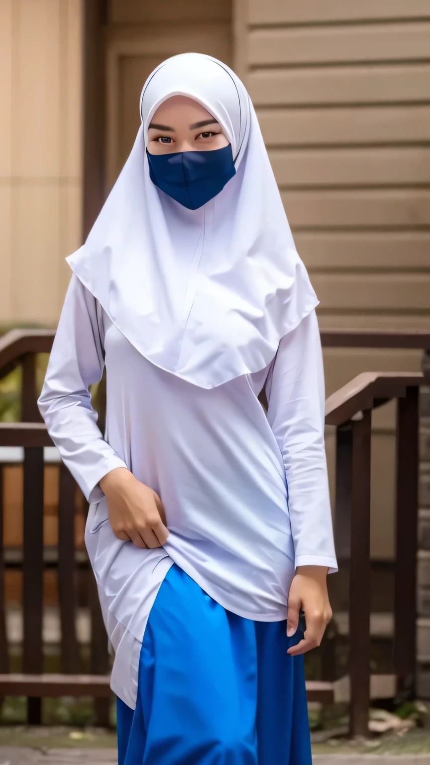 A woman in a white and blue outfit and a blue mask - SeaArt AI