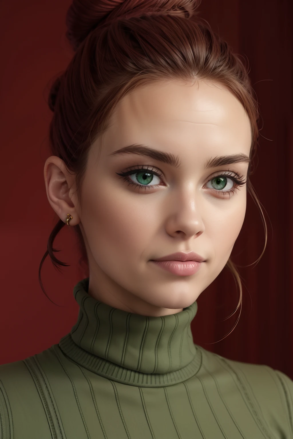 AgnesJohnson, red hair, single hair bun, eyeshadow, black eyes, 1girl, solo, masterpiece, realistic, high quality, detailed, green turtleneck sweater, large breasts, upper body, portrait, blank background