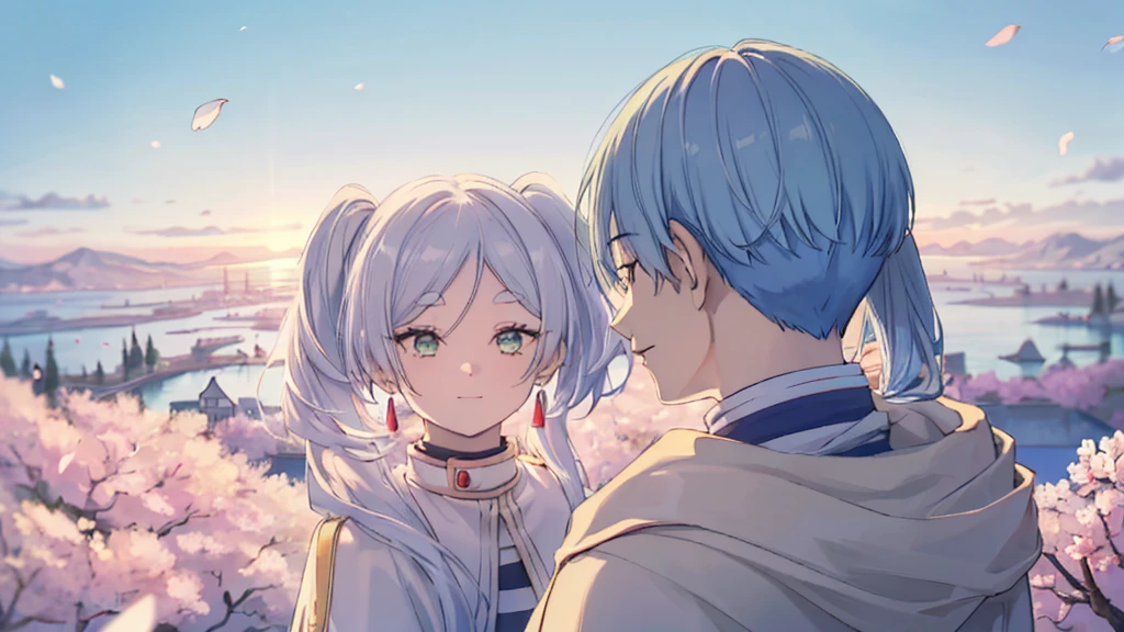 ((highest quality, super detailed girl and boy:1.4))BREAK,(girl is White hair,green eyes,shining eyes,((absurdly long twin tail)):1.3),BREAK,(boy is Blue hair,boy is short hair:1.3),BREAK,(boy and girl walking side by side:1.4),(landscape photography:1.2), (highly detailed background:1.2),(cherry blossoms, cherry blossom,standing, midnight, moon:1.3),(total1 girl,total 1 boy,duo:1.3),(from above:1.3),(girl is expressionless:1.2),(boy is smile:1.2),(man looking at woman:1.2)