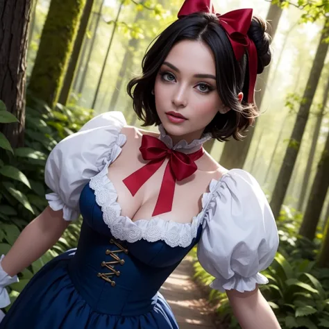 Masterpiece, best quality, detailed face, Snow White, long blue dress with white collar, blue and puffy sleeves with red slashin...