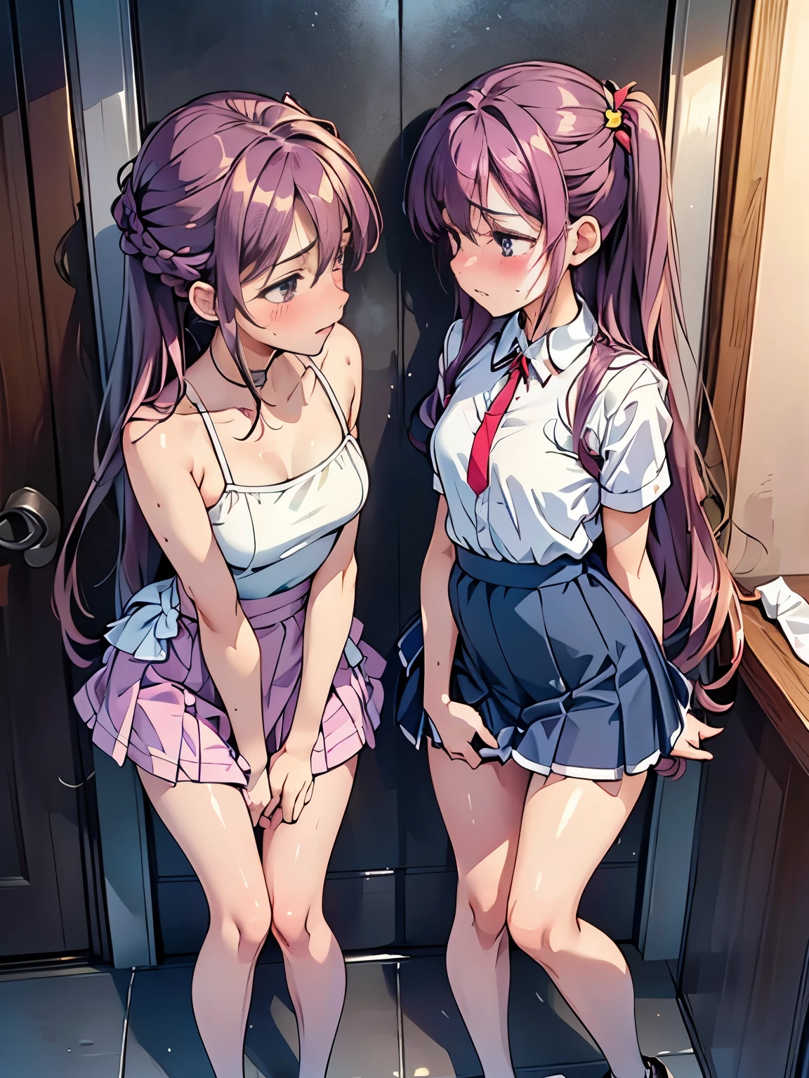 Anime girl in short skirt and white shirt standing next to another girl -  SeaArt AI