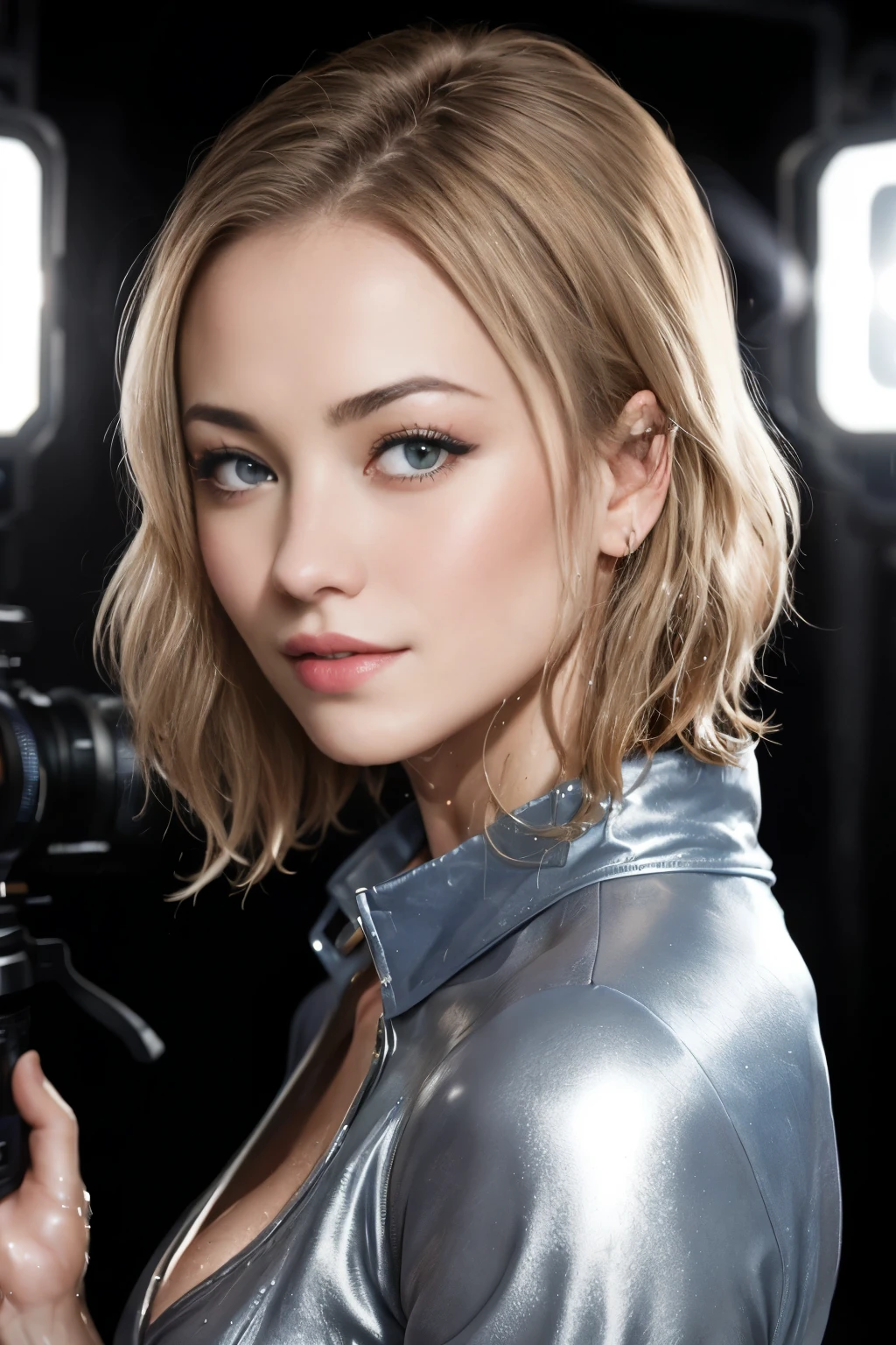 Foto de Yvonne Strahovski em um terno de pele, Sozinho, olhos azuis, corte de cabelo bob reverso, pele brilhante, pele molhada, shiny pele brilhante, pele brilhante, pele oleosa, Headshot no fundo preto, Atmosfera calorosa, uma foto de um, sessão de fotos, Fotografado com um Panavision Panaflex Platinum, оснащенную сферическим объективом Panavision Primo Prime 75 мм T1.9