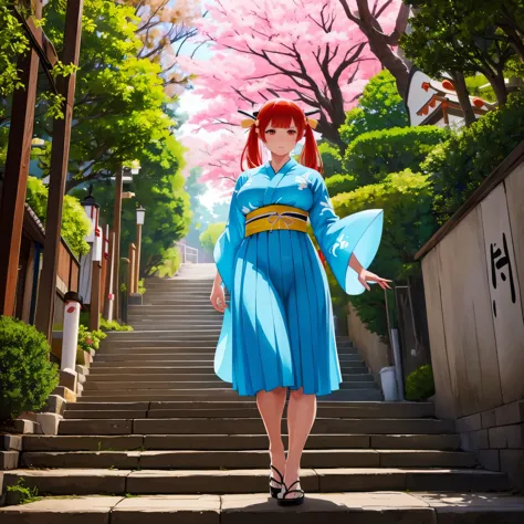 A woman wearing a baby blue kimono, with legs exposed, large breasts, red hair, navy pigtails, orange eyes, in a traditional Jap...