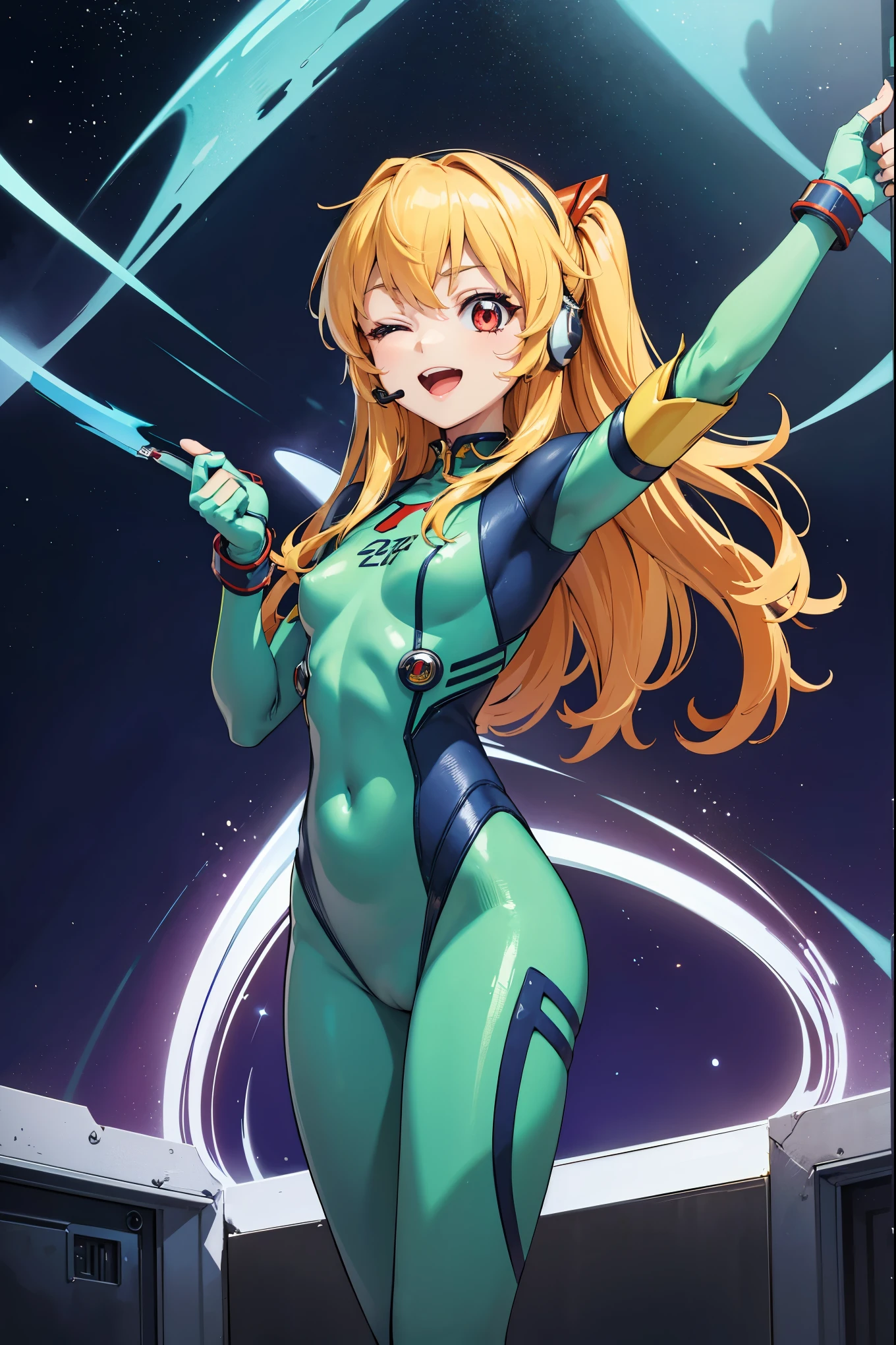 (Overlooking figure),dynamic angle,Super detailed, figure, close, straight, 1 girl, 
 ((Soryu Asuka Langley, interface headset, look at the audience、Green Hero Suit、Green bodysuit、Tight suit、(nffsw :1.0), Green Ultraman Bodysuit, blonde)),Her eyes shone like dream-like stars,(shining eyes:1.233),(beautiful and detailed eyes:1.1),(No expression),(Are standing), the last spell（prompt）
(masterpiece, highest quality, ultra high resolution, perfect anatomy, very detailed),
break,
1 girl,
14 years old,
red eyes,
twin tails,
blonde hair,
big ribbon in hair,
Idol Costumes,
break,
(Pointing),
(full face),
One eye closed,
(open your mouth),
Glowing Eyes,
smile,
stage lighting,
(In a white spaceship、Mechanic room with tools and spaceship window),
(night:1.2),dream-like, [[delicate fingers and hands:0.55]::0.85],(finger details),