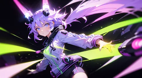 girl,female,purple white jacket(neon lights yellow),neon lights yellow,purple eyes,violet hair, short pants black,pony tail hair