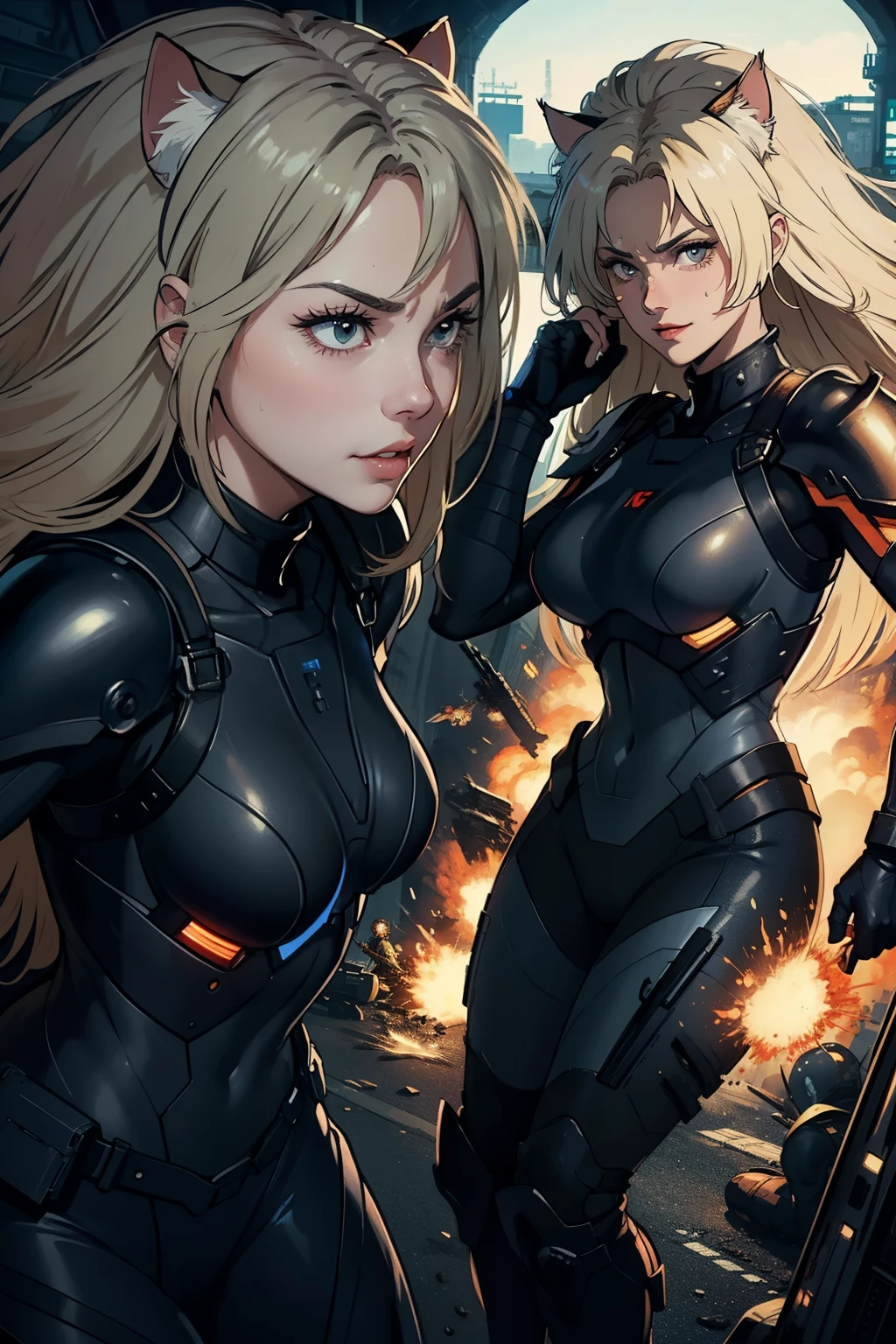 ((highest quality)), ((masterpiece)), (be familiar with), (High definition), 8K, perfect face、2 women、Two blonde women with cat ears、((Wearing a powered suit:1.2))、tall、2 Blonde cat ears、2. Long Hair、2. Volumetric hair style、Fearless smile、sweating、big breasts、constricted waist、big ass、glamorous、Glamorous、protector、Armor、combat suit、combat boots、armed、Equipped with large firearms、cinematic、best shadow、side lighting、NEO TOKYO、riot、explosion、tank、helicopter、(close up of face)