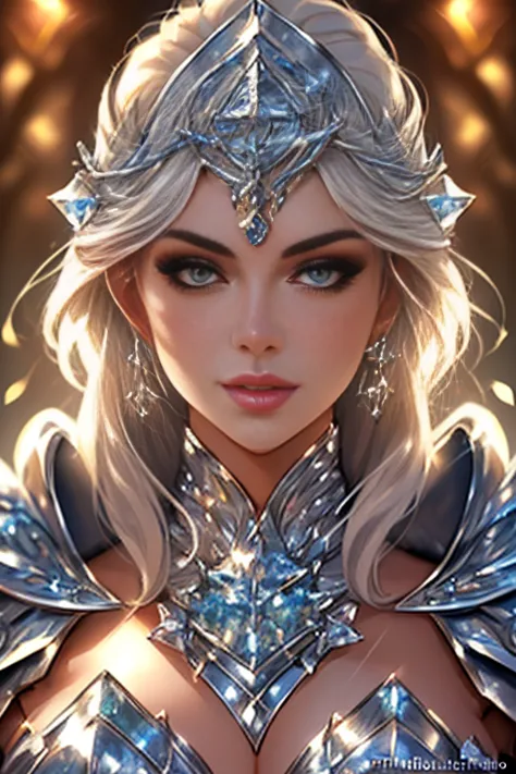 crystal armor, (sharp focus:1.2), portrait, ((posing)), (beautiful face:1.1), detailed eyes, luscious lips, ((skindentation)), (...